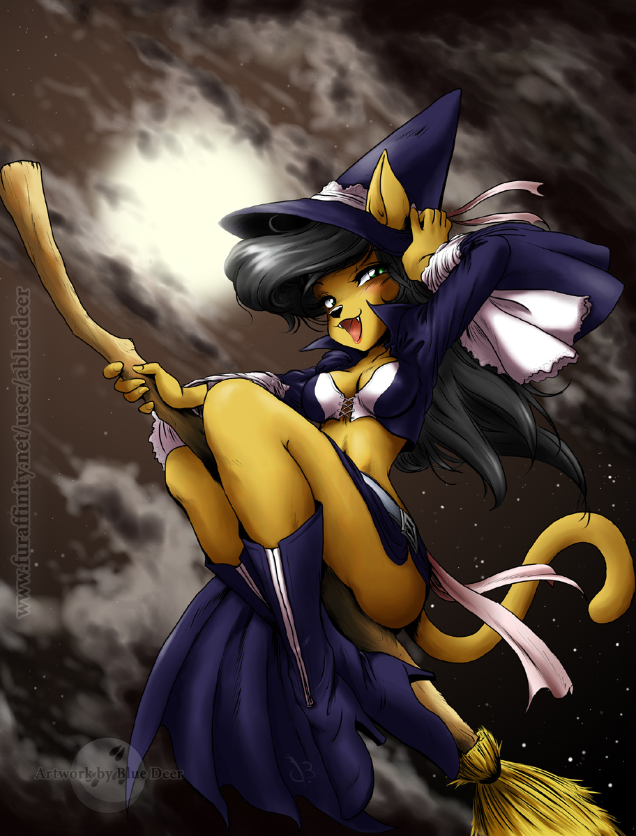 anthro belt black_hair blush boots breasts broom cat cleavage clothed clothing costume feline female flying green_eyes hair halloween hat holidays long_black_hair long_hair looking_at_viewer magic_user mammal moon open_mouth pinup pose skirt solo stars tali watermark witch witch_hat