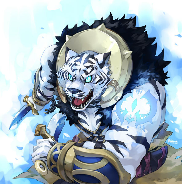 armor blue_eyes chain claws clothing dagger dual_wielding feline male metal noku13456 open_mouth outside pose solo sword tattoo tiger weapon
