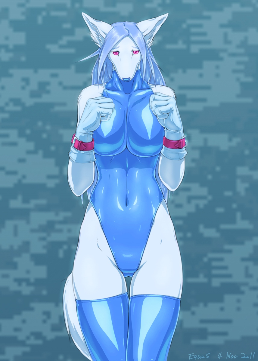 anthro belt big_breasts blue_eyes blue_hair breasts canine clothing equus female fox gloves hair latex legwear leotard long_blue_hair long_hair looking_at_viewer mammal one-piece_swimsuit pinup pose purple_eyes rubber shiny solo standing stockings swimsuit tight_clothing