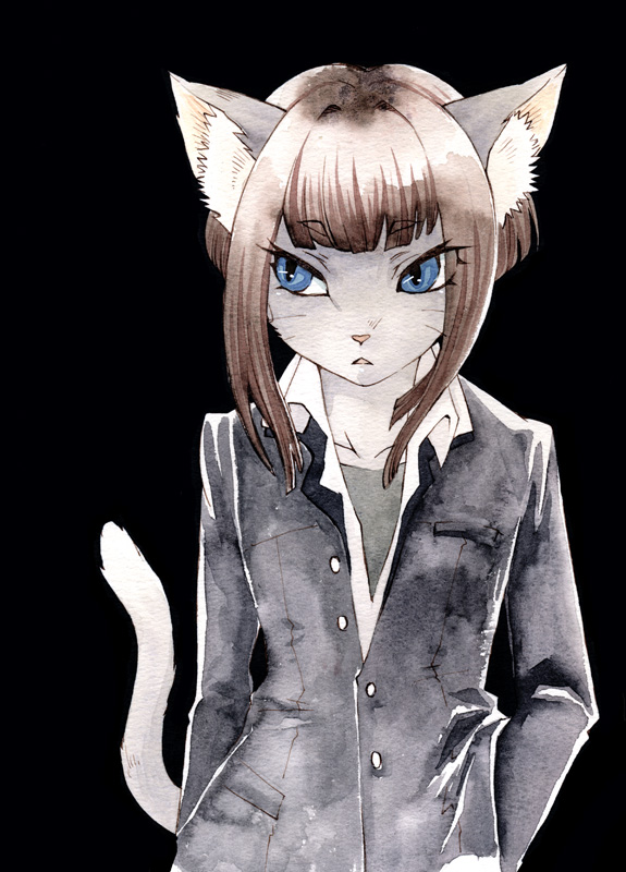 azuman blue_eyes brown_hair buttons cat clothed clothing coat feline female hair mammal pink_nose pinup pose simple_background solo standing tail