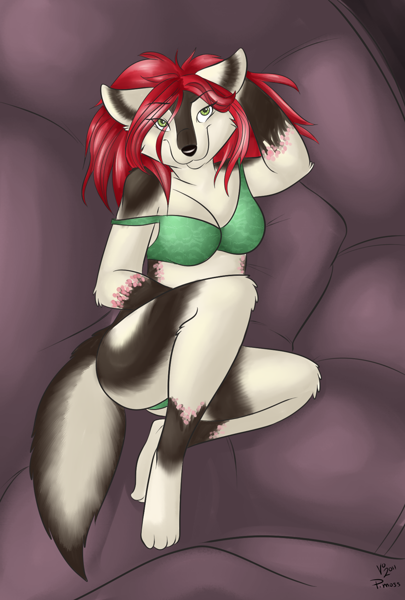 bra canine cerise clothed clothing cute dog female green_eyes hair mammal panties pinup pmoss pose red_hair skimpy solo underwear