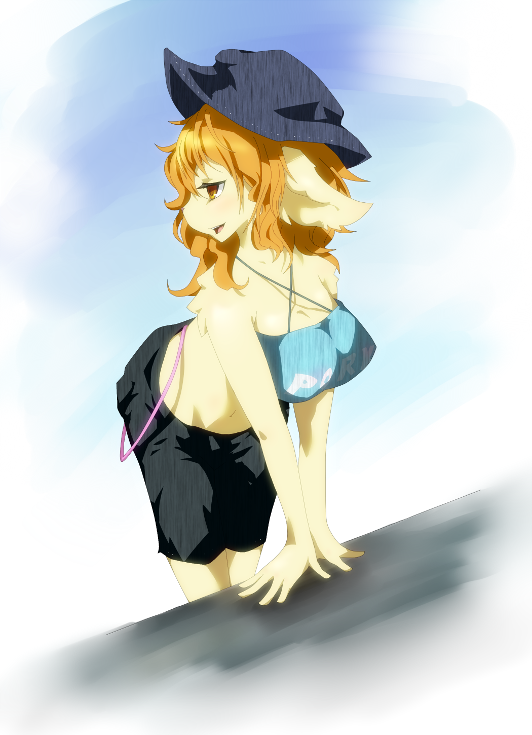 bent_over big_breasts breasts canine clothed clothing english_text female hair hat hi_res long_hair long_orange_hair looking_away mammal minogara orange_hair pinup pose shorts solo text top