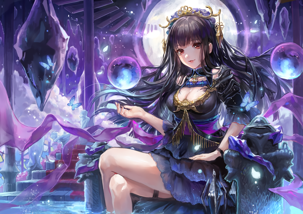 armor black_hair breasts bubbles butterfly cleavage clouds dress garter headdress long_hair maccha_(mochancc) magic moon night red_eyes shadowverse sky water