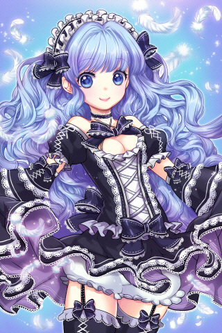 bare_shoulders bittersweet_(dalcoms) blue_eyes blue_hair blush bow breasts choker clarice_altheim cleavage detached_sleeves feathers frills garter_straps gothic_lolita hairband lace lolita_fashion long_hair looking_at_viewer lowres maid_headdress medium_breasts ribbon skirt smile solo sword_girls thighhighs wavy_hair