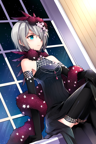 aqua_eyes bare_shoulders dress elbow_gloves flat_chest flower gloves gothic_lolita hair_ornament hair_over_one_eye iri_flina lolita_fashion lowres nardack short_hair silver_hair sitting solo sword_girls thighhighs window