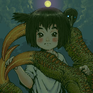 4n aliasing beak bird black_hair child claws crow glowing glowing_eyes looking_at_viewer lowres monster monster_girl moon night oekaki short_hair solo what