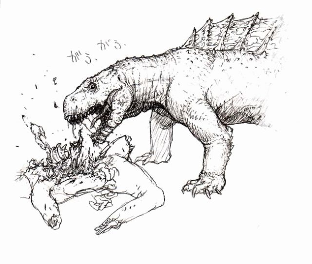 4n blood claws corpse dinosaur eating fangs gore guro maw monochrome open_mouth reptile severed_limb severed_limbs simple_background sketch standing