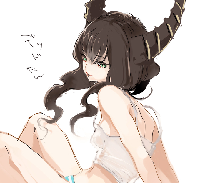 black_hair black_rock_shooter camisole curly_hair dead_master green_eyes horns long_hair mebachi_maguro panties see-through simple_background sitting smile solo striped striped_panties underwear