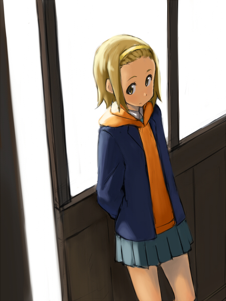 against_wall blazer forehead hairband hamao hood hoodie jacket k-on! scarf school_uniform solo tainaka_ritsu window yellow_hairband