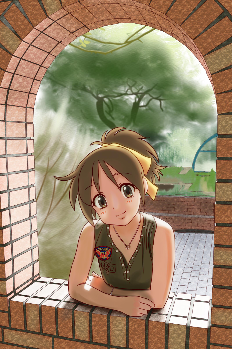 arch arm_support brown_eyes brown_hair casual chunpai head_tilt highres hirasawa_ui jewelry k-on! leaning necklace ponytail short_hair sleeveless solo tree window