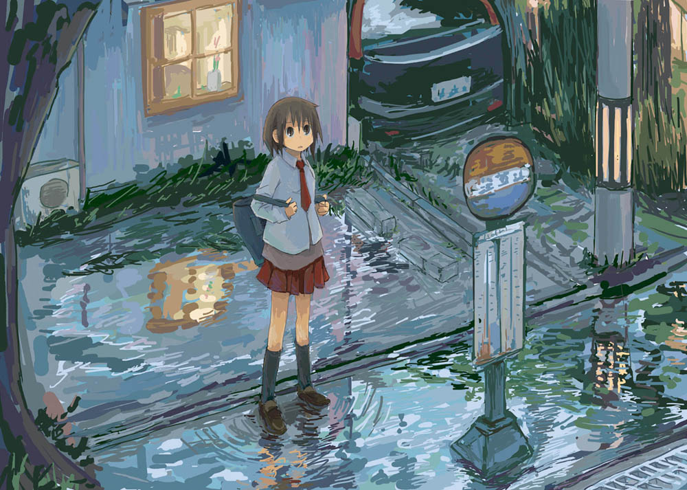 bag brown_eyes brown_hair bus_stop car copyright_request ground_vehicle motor_vehicle reflection school_bag school_uniform short_hair solo tommy_(chou_shindou_boots) tree water window