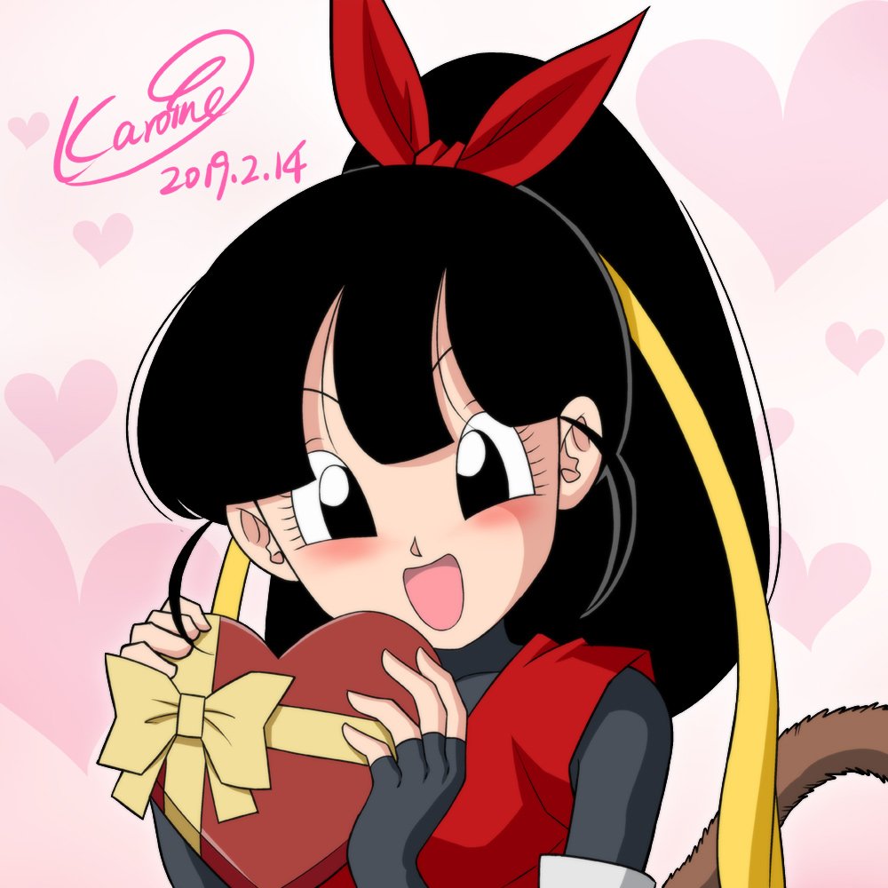 1girl artist_name black_hair blush breasts chocolate chocolate_heart dated dragon_ball dragon_ball_heroes female gloves happy heart karoine long_hair looking_at_viewer note_(dragon_ball) open_mouth ponytail simple_background smile solo tail valentine