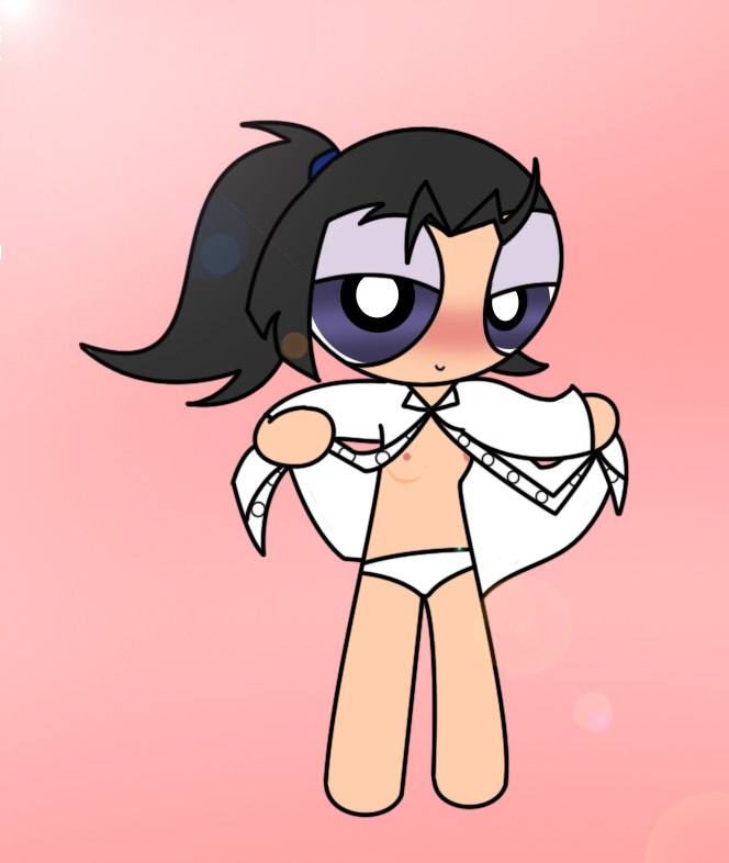 barasia black_hair blue_eyes blush female gamefanppg open_clothes open_shirt pantsu ponytail shirt style_parody