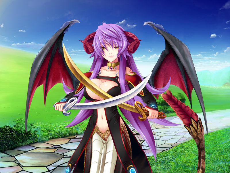 bracelet breasts cape collar demon_wings dual_swords dual_wielding fang game_cg horns jewels lamia large_breasts long_hair looking_at_viewer monster_girl mound_of_venus naaja navel oppai princess_x purple_hair solo sword weapon wings yellow_eyes