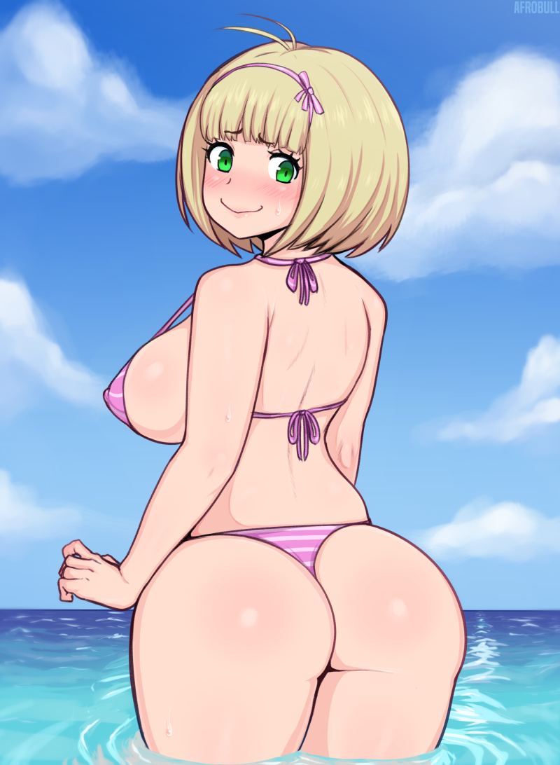 1girl afrobull ao_no_exorcist ass biniki blonde_hair blush breasts cloud curvy eyebrows green_eyes hips huge_ass looking_back moriyama_shiemi ocean outdoors sea short_hair sky smile solo thick_thighs thighs water wide_hips