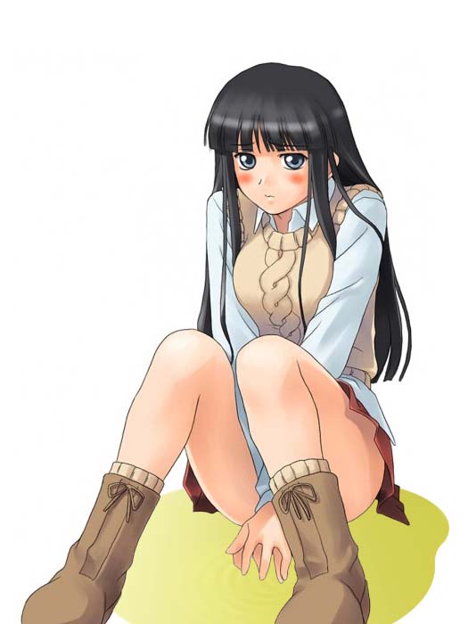 accident black_hair blue_eyes blush desperation gad_guard humiliation jacket long_hair pantsu_soiled panty_pee school_uniform shinozuka_arashi shoes sitting sitting_pee spread_legs urine very_long_hair wetting