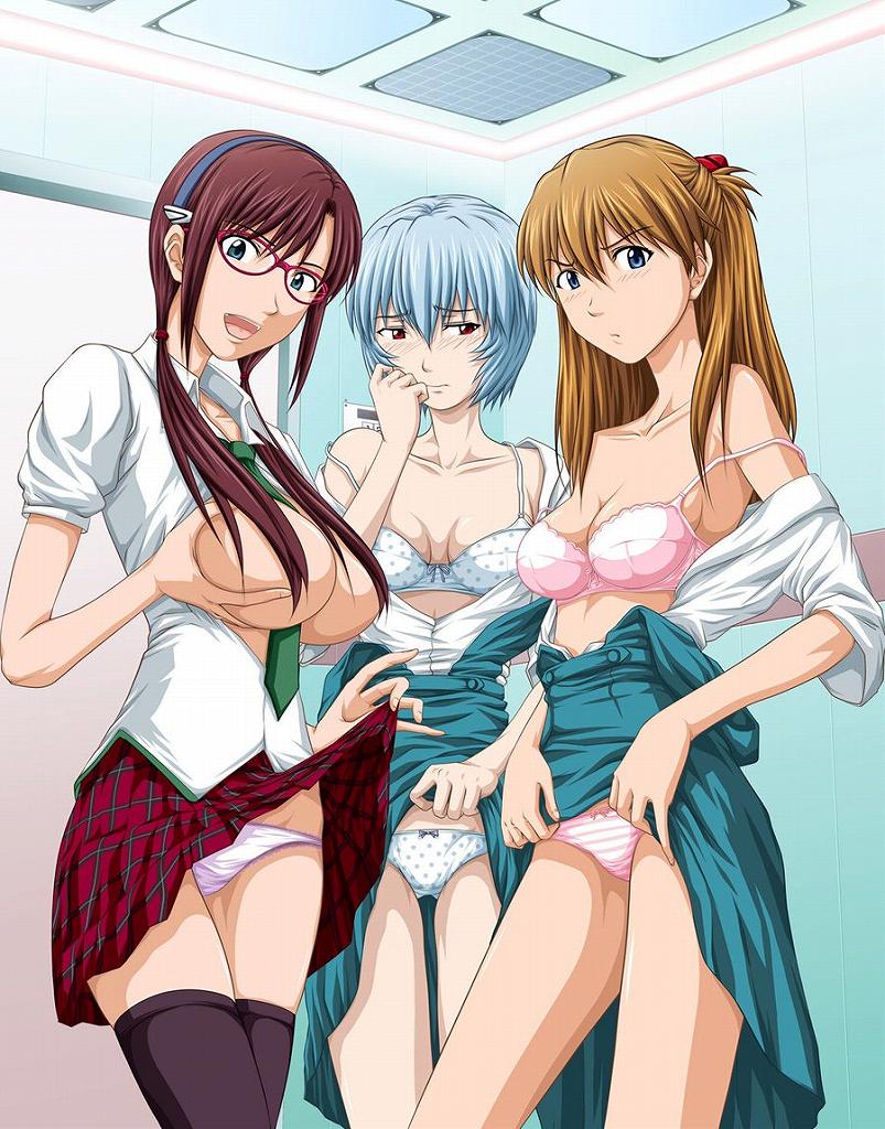 3girls :d asuka_langley ayanami_rei blue_eyes blue_hair blue_panties blush bow_panties bra breast_hold breast_lift brown_hair censor_hair clavicle cleavage cover embarrassed evangelion:_2.0_you_can_(not)_advance front_cover hair_over_breasts hairband legs lingerie long_hair looking_away makinami_mari_illustrious megane multiple_girls necktie neon_genesis_evangelion nerv off_shoulder oppai pantsu pink_panties polka_dot purple_panties rebuild_of_evangelion red_eyes school_uniform shimapan short_hair skirt skirt_lift smile strap_slip striped tartan thighhighs toyatei twin_tails