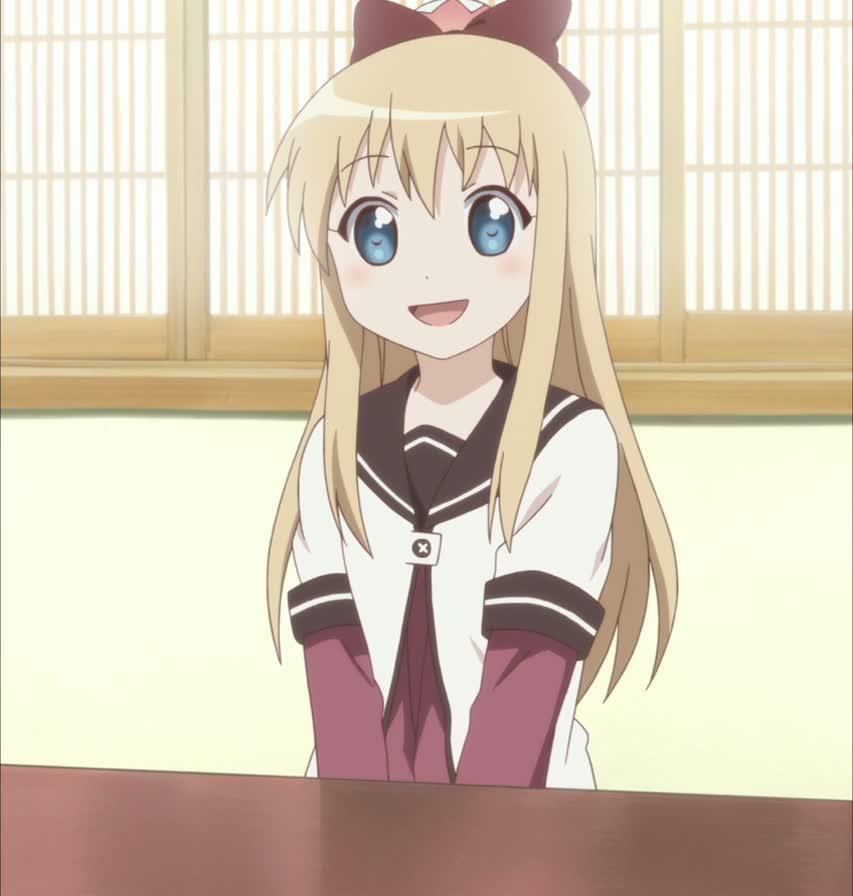 blush hair_bow interior large_eyes ponytail school_uniform screen_capture smile toshinou_kyouko yuru_yuri