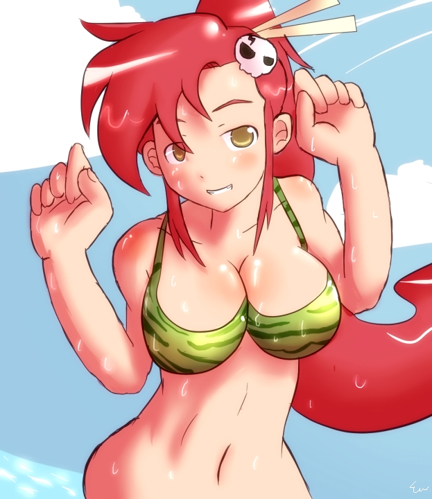 bikini dark_skin hair_ornament mizugi oppai ponytail red_hair scarf shitapai skull solo tanlines tanned tengen_toppa_gurren-lagann tsukino_jyogi waki yellow_eyes yoko_littner