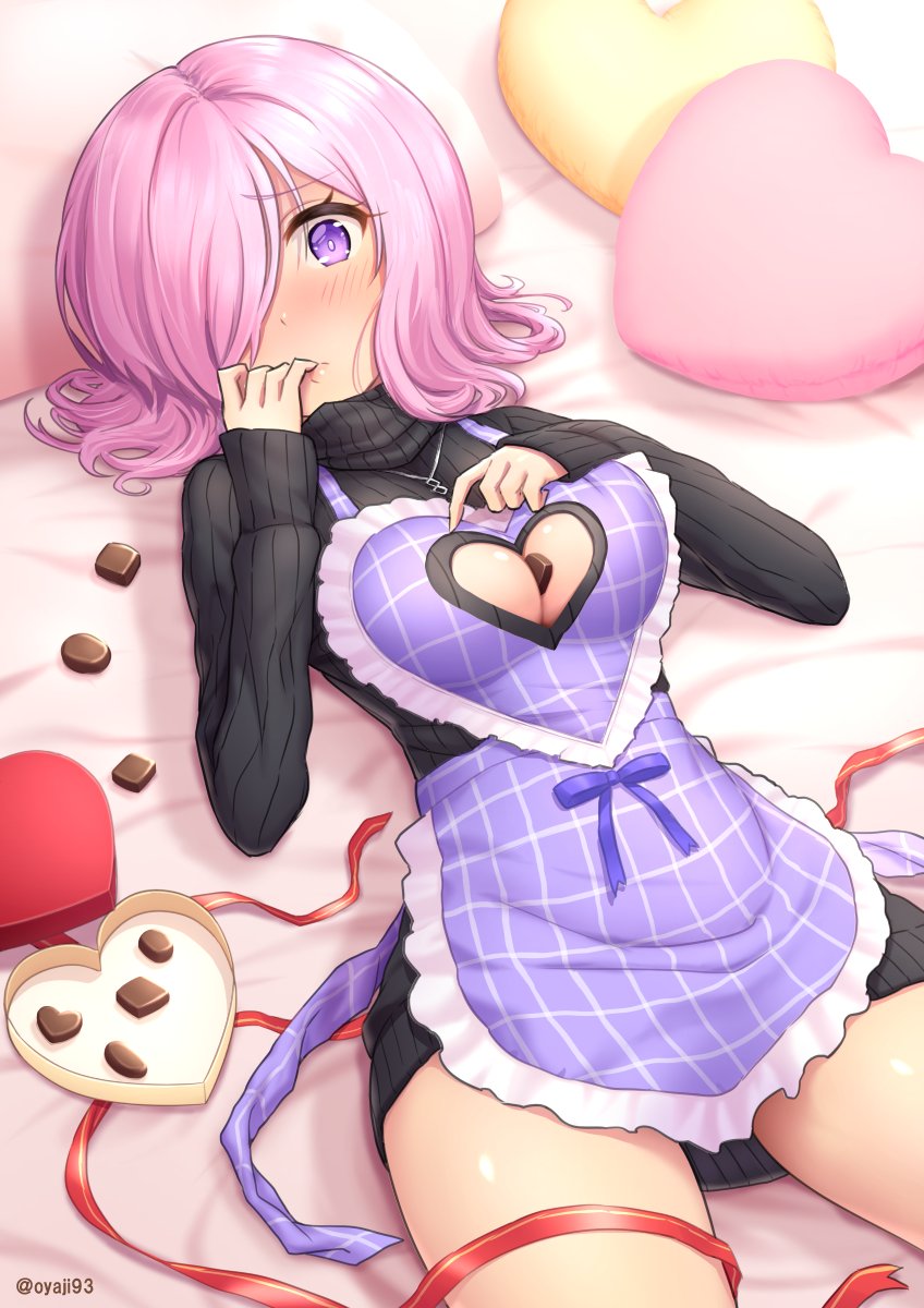 1girl apron bangs between_breasts black_sweater blue_ribbon blush box breasts chocolate chocolate_heart cleavage cleavage_cutout closed_mouth commentary_request cowboy_shot dress fate/grand_order fate_(series) frilled_apron frills gift gift_box hair_over_one_eye hand_on_own_chest hand_up heart heart-shaped_box heart_cutout heart_pillow highres jewelry long_sleeves looking_at_viewer lying mash_kyrielight medium_breasts necklace on_back oyaji-sou pillow pink_hair plaid purple_apron purple_eyes red_ribbon ribbed_sweater ribbon short_hair sleeves_past_wrists solo sweater sweater_dress thighs turtleneck turtleneck_sweater twitter_username valentine