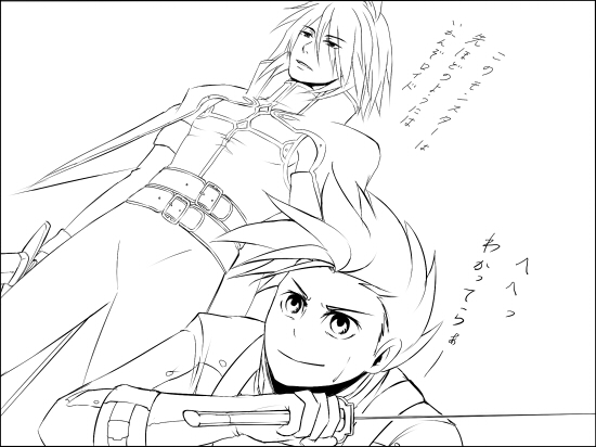 age_difference father_and_son kratos_aurion lloyd_irving male male_focus monochrome short_hair sword tales_of_(series) tales_of_symphonia translation_request weapon