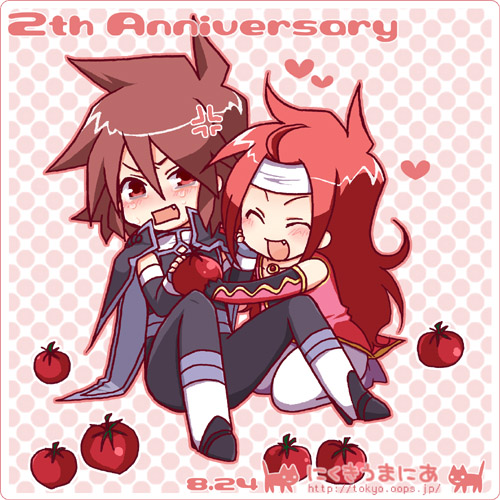 blush brown_hair eyes_closed fang headband kratos_aurion lowres male male_focus open_mouth red_eyes red_hair redhead short_hair tales_of_(series) tales_of_symphonia tears tomato zelos_wilder