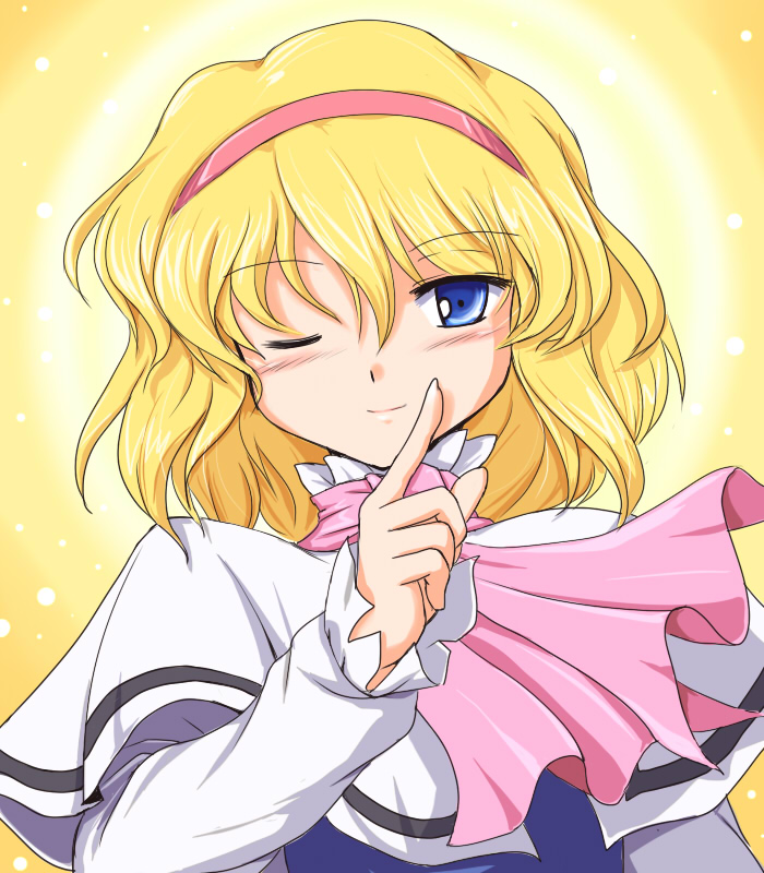 alice_margatroid blonde_hair blue_eyes capelet flx hairband one_eye_closed short_hair smile solo touhou upper_body