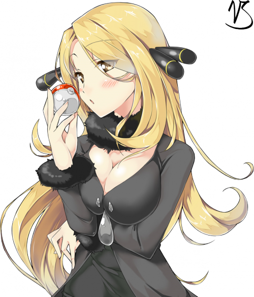 blonde_hair blush breasts cleavage derivative_work holding holding_poke_ball large_breasts long_hair poke_ball poke_ball_(generic) pokemon pokemon_(game) pokemon_dppt shirona_(pokemon) simple_background solo yellow_eyes