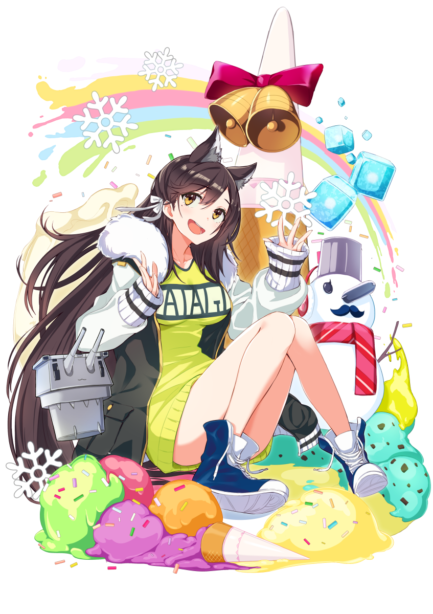 1girl animal_ears atago_(azur_lane) azur_lane bangs black_hair blue_footwear blush breasts brown_eyes cannon character_name closed_mouth clothes_writing coat collarbone commentary_request confetti dress extra_ears eyebrows_visible_through_hair food fur-trimmed_coat fur_trim green_sweater hair_ribbon hands_up highres ice ice_cream ice_cube knees_together_feet_apart large_breasts long_hair looking_at_viewer mappaninatta mole mole_under_eye open_clothes open_coat open_mouth oversized_clothes rainbow ribbon shoes sidelocks signature sitting sleeves_past_wrists smile sneakers snowflakes snowman solo sweater sweater_dress swept_bangs torpedo turret untied_shoes white_ribbon