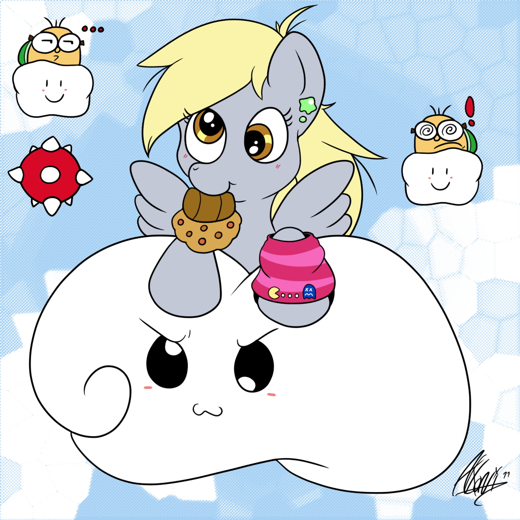 ... cloud crossover derp derpy_hooves_(mlp) equine female feral food friendship_is_magic group lakitu mammal mario_bros muffin my_little_pony nintendo pac-man pac-man_(series) pacman pegasus spike_ball spiny video_games wings