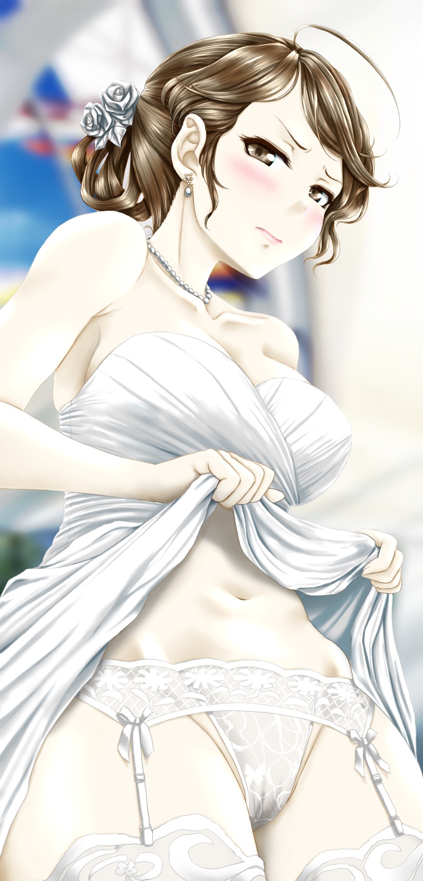 1girl ahoge atchy bangs bare_shoulders blurry blurry_background blush breasts bride brown_eyes brown_hair cleavage closed_mouth commentary cowboy_shot dress earrings flower frown garter_straps glaring groin hair_flower hair_ornament half-closed_eyes half_updo highres hip_bones jewelry lifted_by_self lips looking_at_viewer medium_breasts medium_dress navel necklace original pale_skin panties pearl_earrings pearl_necklace rose short_hair solo standing strapless strapless_dress swept_bangs thighhighs underwear white_dress white_flower white_legwear white_panties white_rose