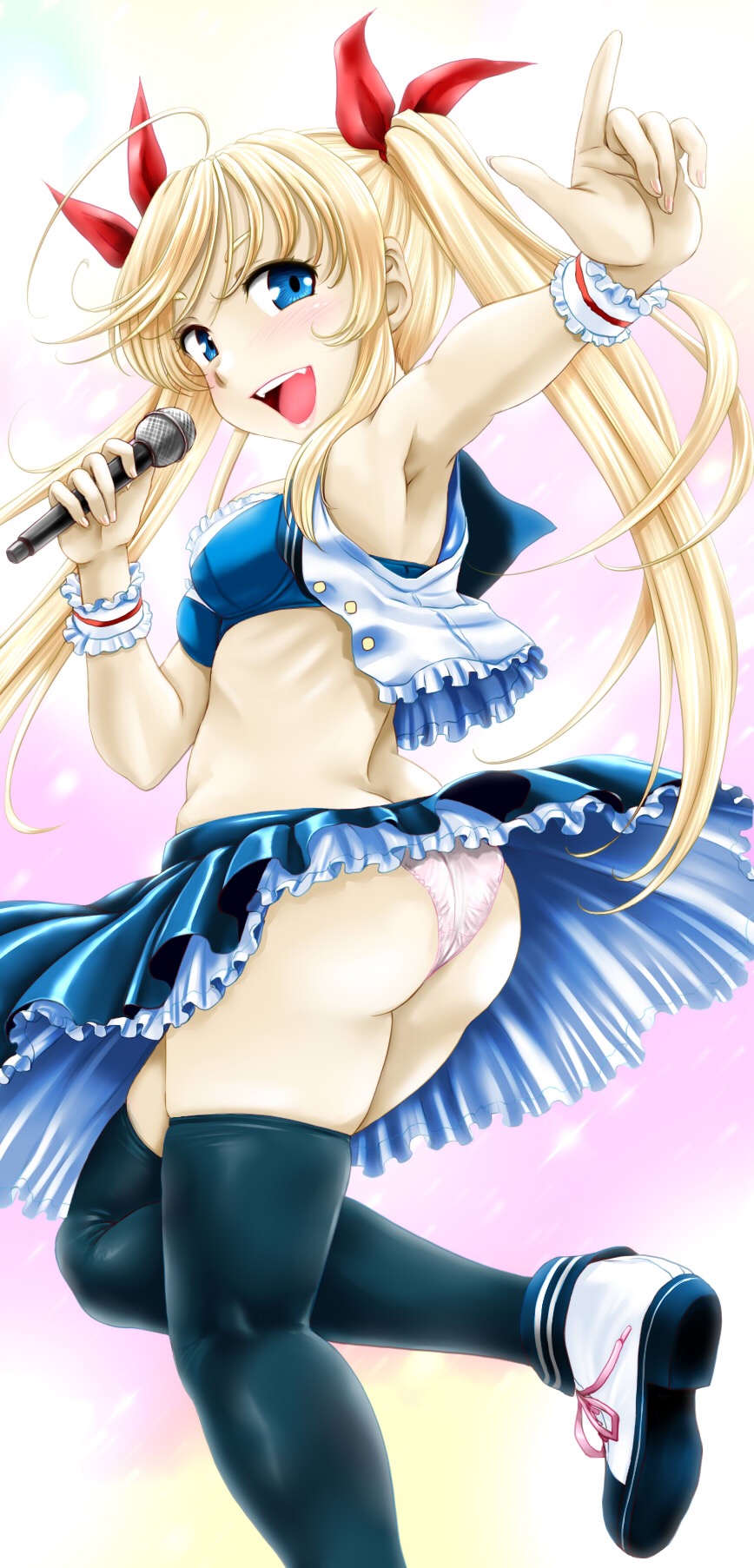 1girl :d ahoge armpits ass atchy black_legwear blue_bra blue_skirt bra breasts commentary_request cross-laced_footwear frilled_bra frilled_jacket frilled_wrist_cuffs frills from_side hair_ribbon highres holding holding_microphone idol jacket leg_up legs light_blush long_hair looking_at_viewer looking_back medium_breasts microphone miniskirt open_clothes open_jacket open_mouth original panties petticoat pointing pointing_up purple_background red_ribbon ribbon ribs shirt shoes skindentation skirt skirt_lift sleeveless sleeveless_shirt smile solo standing standing_on_one_leg thighhighs twintails underwear white_footwear white_jacket white_panties wrist_cuffs