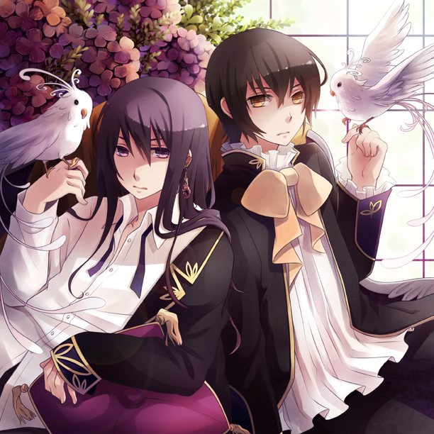 alternate_costume bird bird_on_hand black_hair bow expressionless flower formal jude_mathis long_hair male_focus multiple_boys purple_eyes ribbon suit tales_of_(series) tales_of_vesperia tales_of_xillia window yellow_eyes yuri_lowell zozakura