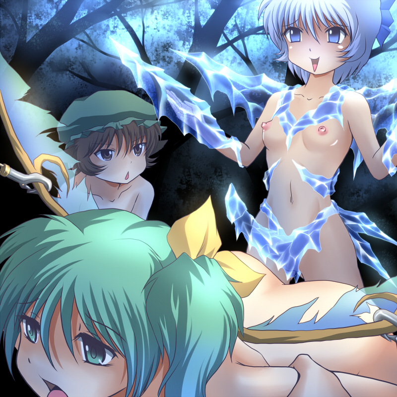 :&gt; :&lt; ass blue_eyes blue_hair breasts brown_eyes brown_hair chen cirno commentary_request daiyousei dildo fairy_wings green_eyes green_hair hair_ribbon hat ice ice_sculpture ice_wings imminent_rape injury multiple_girls navel nipples nude puffy_nipples restrained ribbon short_hair side_ponytail small_breasts strap-on touhou wancozow wings yuri