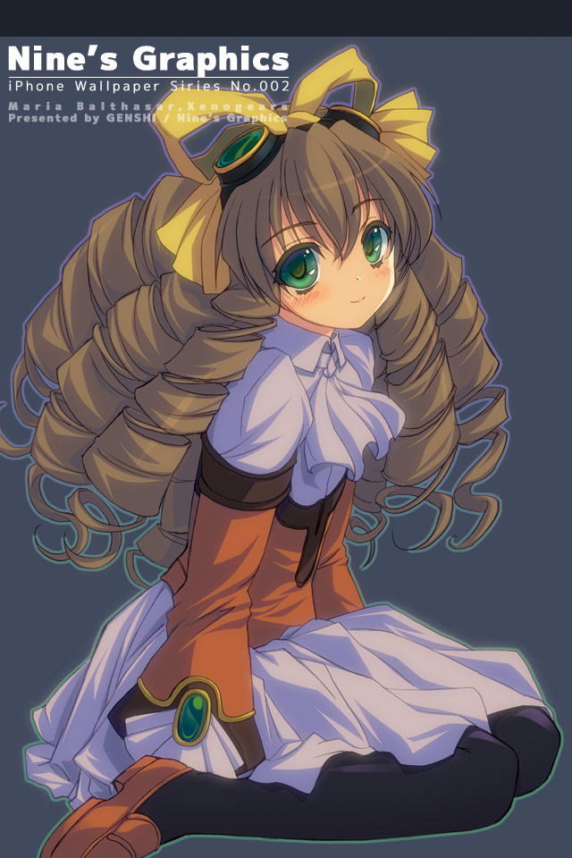 black_legwear bow brown_hair character_name copyright_name cravat dress drill_hair full_body genshi goggles goggles_on_head green_eyes grey_background hair_ribbon kneeling loafers long_hair maria_balthasar ribbon shoes smile solo xenogears yellow_bow
