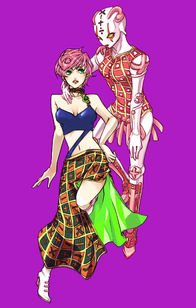 almdudler bare_shoulders boots breasts cleavage curly_hair green_eyes jojo_no_kimyou_na_bouken large_breasts math midriff navel pink_hair short_hair skirt spice_girl_(stand) stand_(jojo) trish_una vento_aureo