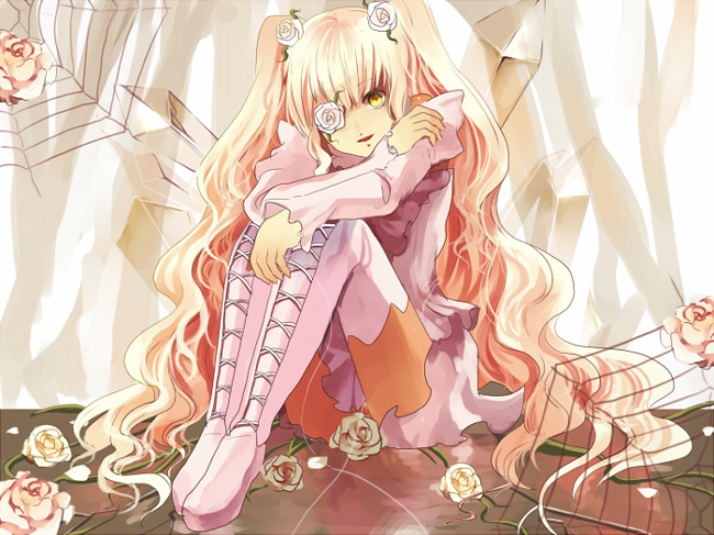 boots dress eyepatch flower kirakishou long_hair ouri pink_hair rose rozen_maiden solo thigh_boots thighhighs twintails very_long_hair yellow_eyes