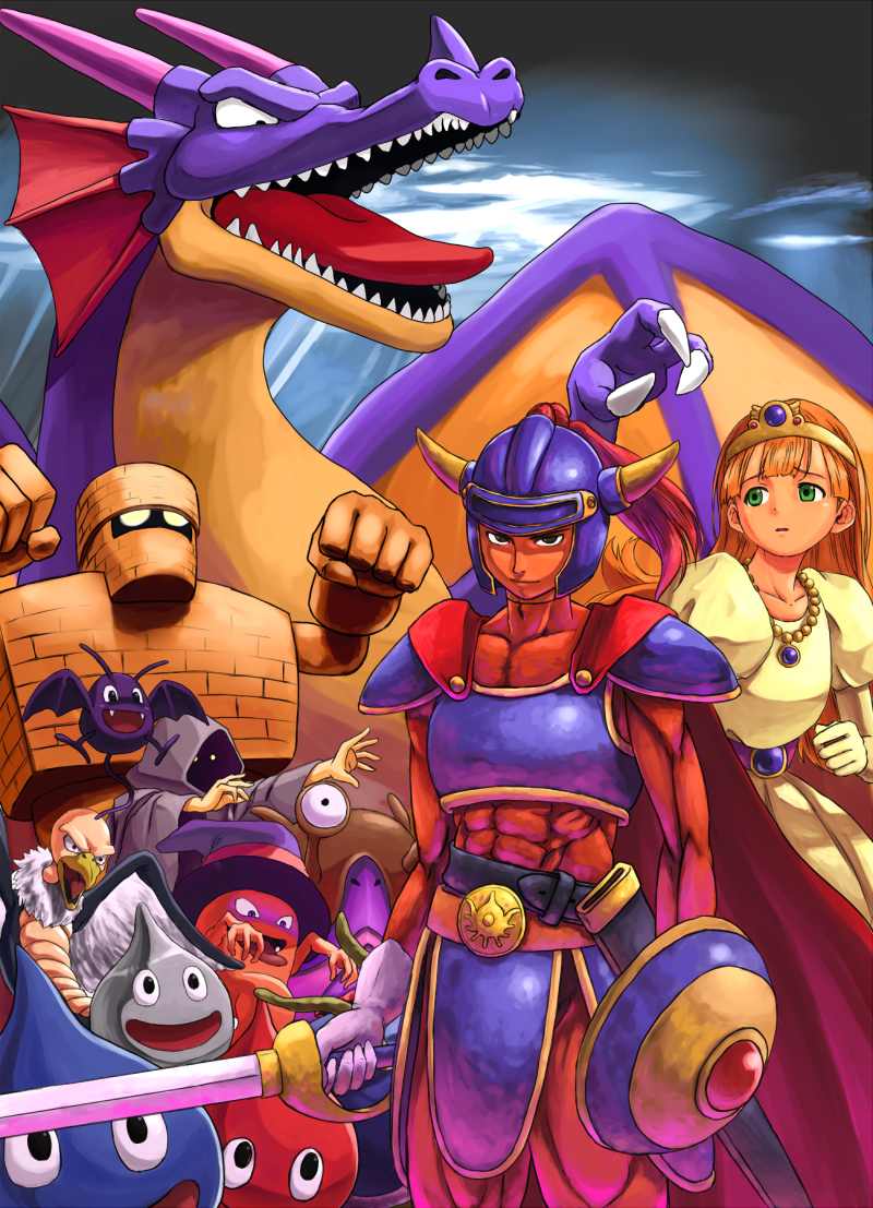 1girl :d abs armor bangs bat beads belt bird black_eyes blunt_bangs breastplate buzzard chimaera_(dragon_quest) circlet claws clenched_hand clenched_hands cloak cloud dragon dragon_lord dragon_quest dragon_quest_i drakee dress droll faulds flying fur gem ghost ghost_(dragon_quest) gloves glowing glowing_eyes golem golem_(dragon_quest) green_eyes hat head_fins helmet hero_(dq1) hood horned_helmet horns jewelry light_rays long_hair looking_at_viewer mahou_tsukai_(dragon_quest) metal_slime monster muscle necklace neko_(hansinn) open_mouth orange_hair outstretched_arms parted_bangs pauldrons princess princess_laura purple_eyes sheath shield size_difference skin_tight sky slime slime_(dragon_quest) slime_beth smile standing sunbeam sunlight sword teeth tongue weapon witch_hat wizard yellow_dress yellow_eyes