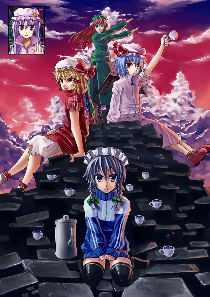 alternate_costume blonde_hair blue_hair bokuden braid contemporary cup flandre_scarlet hat hong_meiling izayoi_sakuya kneeling long_hair multiple_girls patchouli_knowledge pose purple_hair red_hair remilia_scarlet short_hair silver_hair sitting teapot touhou track_suit twin_braids wings