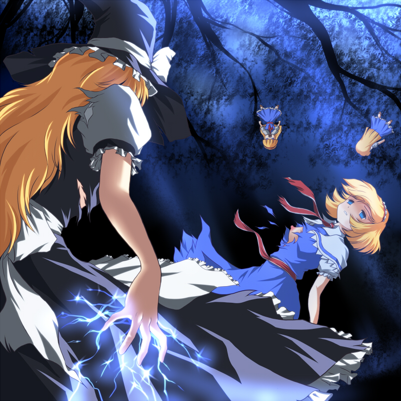 alice_margatroid blonde_hair blue_eyes bow breasts commentary_request defeat dress electricity empty_eyes frills hairband hat hat_bow kirisame_marisa long_hair multiple_girls nipples shanghai_doll small_breasts torn_clothes touhou tree upside-down wancozow witch_hat