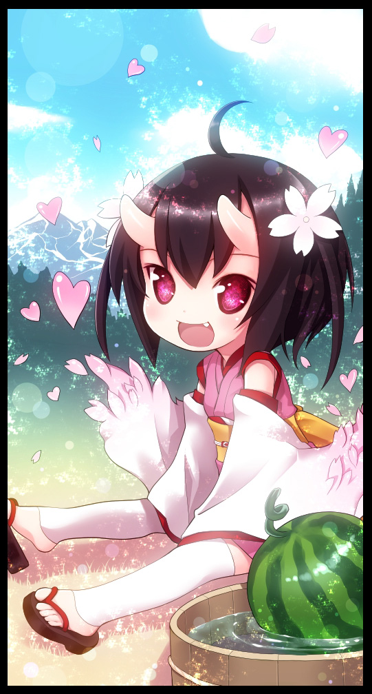 :d cherry_blossoms detached_sleeves fang food fruit heart horn japanese_clothes kiira kimono kohinomoto mountain oni oni_horns open_mouth original petals red_eyes sandals smile solo thighhighs watermelon white_legwear