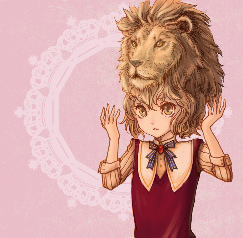 :&lt; animal_hat animal_head blue_bow bow brown_eyes brown_hair crown even_(artist) hat lion original pink_background simple_background solo sparkling_eyes striped vertical_stripes