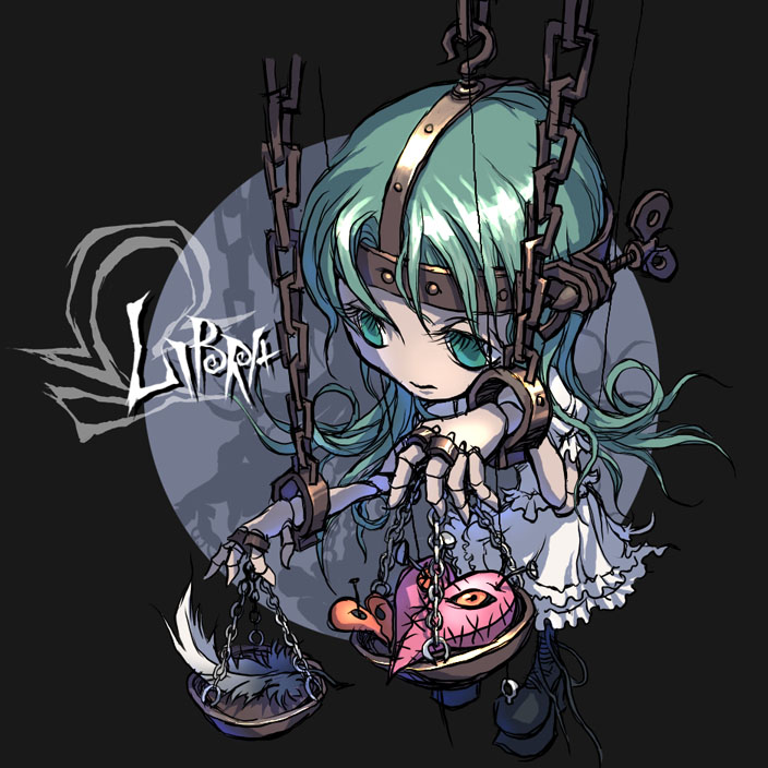 aqua_eyes aqua_hair chains doll_joints dolljoints feather feathers heart jewelry libra nail personification ring scale shackle shackles sitches ume_(illegal_bible) wind-up_key yellow_eyes zodiac