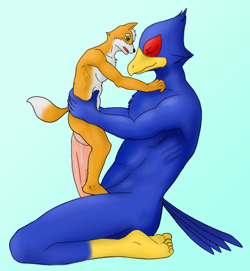 anthro avian canine cowgirl_position duo falco_lombardi fox fox_mccloud gay hyper interspecies kp-yoshi macro male mammal nintendo on_top penis sex size_difference star_fox straddling video_games