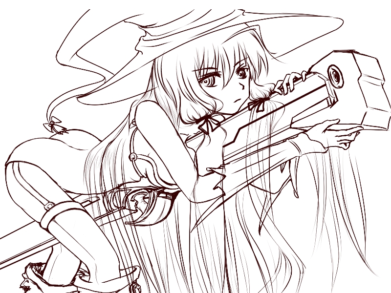 ass boots breasts cannon drawfag garter_straps gunner's_broom hair_ribbon hat himuro_akari lineart long_hair medium_breasts monochrome night_wizard ribbon sideboob solo straddling thighhighs very_long_hair weapon witch_hat