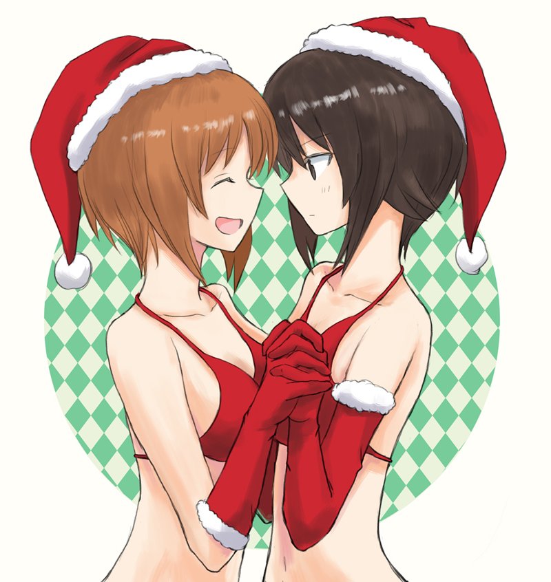 10s 2girls bra breasts brown_eyes brown_hair christmas closed_mouth collarbone eyes_closed girls_und_panzer gloves hair_between_eyes hand_holding hat incest looking_at_another multiple_girls mutsu_(layergreen) nishizumi_maho nishizumi_miho open_mouth red_bra red_gloves santa_hat siblings sideboob simple_background sisters smile underwear yuri