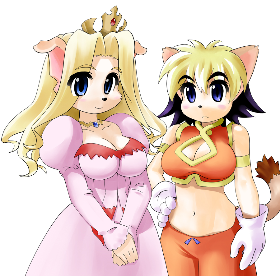 2girls alicia_priss animal_ears artist_request blush breasts character_request cleavage crown cyber_connect_2 dress furry multiple_girls navel princess_terria simple_background solatorobo tail tail_concerto