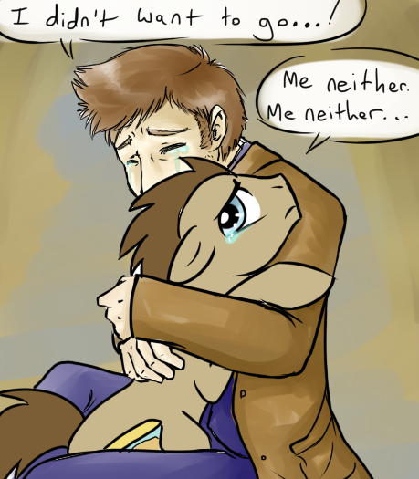 blue_eyes brown_fur brown_hair crossover crying cutie_mark dialog doctor_who doctor_whoof_(mlp) doctor_whooves_(mlp) english_text equine feral friendship_is_magic fur hair horse hug human jacket male mammal man_tears my_little_pony pony tears text the_doctor