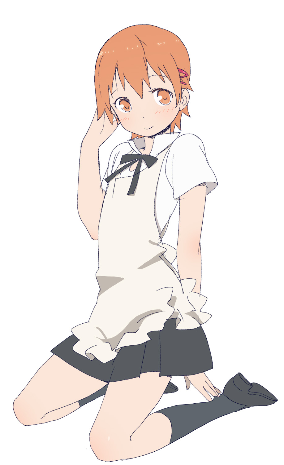 apron black_legwear blush hair_ornament hairclip highres inami_mahiru kneehighs kneeling long_legs nse orange_eyes orange_hair short_hair simple_background skirt smile solo waitress working!!