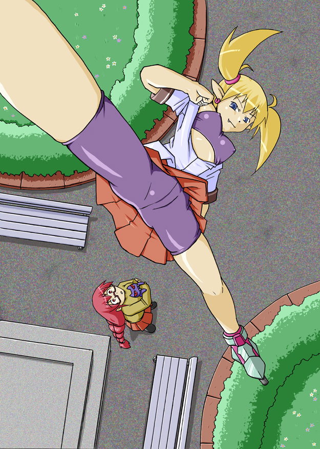 2girls aq_interactive arcana_heart atlus bike_shorts blonde_hair braid demon_girl erect_nipples examu glasses inline_skates kitsune-nt lilica_felchenerow multiple_girls red_hair roller_blades roller_skates skates spread_legs twintails yasuzumi_yoriko